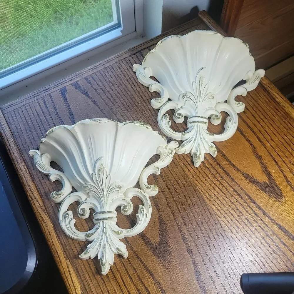 Vtg Syroco Wall Pocket Planter pair Cream & Gold Hollywood Regency style #4446